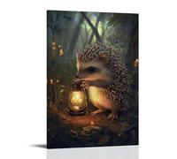 LXPPLSYY Decorazione artistica da parete con riccio che tiene una lanterna in una foresta in stile libro di fiabe, direttamente da una fiaba del 1900, decorazione moderna da appendere, 60 x 90 cm
