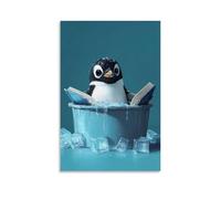 LXPPLSYY Decorazione artistica da parete con un pinguino che si raffredda in una vasca con cubetti di ghiaccio e un libro, sfondo blu freddo in tinta unita, decorazione moderna da appendere, 50 x 75