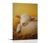 LXPPLSYY Decorazione artistica da parete moderna da appendere con un agnello che dorme in un cesto di paglia, delicatamente arricciato su uno sfondo giallo burro della pace. Decorazione artistica da