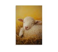 LXPPLSYY Decorazione artistica da parete moderna da appendere con un agnello che dorme in un cesto di paglia, delicatamente arricciato su uno sfondo giallo burro della pace. Decorazione artistica da
