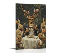 LXPPLSYY Decorazione artistica da parete moderna da appendere con un cervo che sorseggia il tè in un caffè nel bosco circondato da conigli in abbigliamento formale, poster artistico da appendere, 60 x