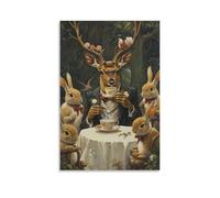 LXPPLSYY Decorazione artistica da parete moderna da appendere con un cervo che sorseggia il tè in un caffè nel bosco circondato da conigli in abbigliamento formale, poster artistico da appendere, 60 x