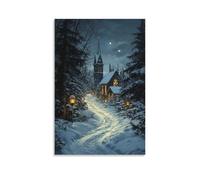 LXPPLSYY Decorazione artistica da parete moderna da appendere con una lanterna che si curva attraverso una foresta innevata verso il campanile illuminato con luce dell'Avvento. Decorazione artistica