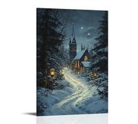 LXPPLSYY Decorazione artistica da parete moderna da appendere con una lanterna che si curva attraverso una foresta innevata verso il campanile illuminato con luce dell'Avvento. Decorazione artistica