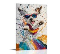 LXPPLSYY Dipinto a olio con animali - Un cane con occhiali da sole pattinaggio attraverso una spruzzata di vernice, vibrante vortice di olio, sfondo bianco pulito, decorazione artistica da parete