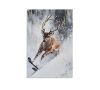 LXPPLSYY Dipinto a olio con animali - Un cervo che scia in discesa durante la nevicata, sensazione di pacifica spazzola, sfondo bianco nebbia solida, decorazione artistica da parete moderna da