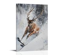 LXPPLSYY Dipinto a olio con animali - Un cervo che scia in discesa durante la nevicata, sensazione di pacifica spazzola, sfondo bianco nebbia solida, decorazione artistica da parete, decorazione