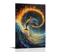 LXPPLSYY Dipinto a olio con animali - Un delfino che salta attraverso i cerchi di fuoco a mezz'onda, flusso di olio epico, sfondo oceano solido, decorazione artistica da parete moderna decorazione