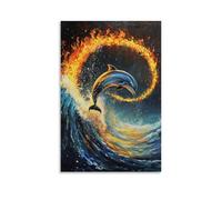 LXPPLSYY Dipinto a olio con animali - Un delfino che salta attraverso i cerchi di fuoco a mezz'onda, flusso di olio epico, sfondo oceano solido, decorazione artistica da parete moderna decorazione