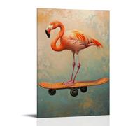 LXPPLSYY Dipinto a olio con animali - Un fenicottero in equilibrio su longboard con eleganza, sfondo morbido corallo da parete, decorazione moderna da appendere, poster artistico da appendere (50 x 75