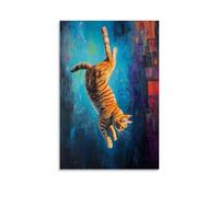 LXPPLSYY Dipinto a olio con animali: un gatto che fa il muro si capovolge tra vicoli, toni ad olio vivaci, sfondo blu navy, decorazione moderna da appendere poster artistico da appendere, 40 x 60 cm