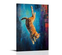 LXPPLSYY Dipinto a olio con animali: un gatto che fa il muro si capovolge tra vicoli, toni ad olio vivaci, sfondo blu navy piatto, decorazione artistica da parete, decorazione moderna, poster