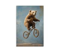 LXPPLSYY Dipinto a olio con animali: un orso su una piccola bicicletta in una acrobazia da circo, comico olio evidenziato, sfondo blu-grigio pastello, decorazione artistica da parete, decorazione