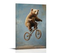 LXPPLSYY Dipinto a olio con animali: un orso su una piccola bicicletta in una acrobazia da circo, con punti salienti a olio comici, sfondo blu-grigio pastello, decorazione artistica da parete