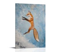 LXPPLSYY Dipinto ad olio con animale, una volpe che esegue balletto a metà sci, elegante posa ad olio, sfondo blu pastello invernale, decorazione artistica da parete, decorazione moderna da appendere