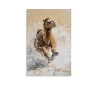 LXPPLSYY Dipinto ad olio con animali: un cammello che fa snowboard attraverso una bufera di neve nel deserto, miscela calda e fresca, sfondo beige pulito, decorazione artistica da parete, decorazione