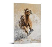 LXPPLSYY Dipinto ad olio con animali: un cammello che fa snowboard attraverso una bufera di neve nel deserto, miscela calda e fresca, sfondo beige pulito, decorazione artistica da parete, decorazione