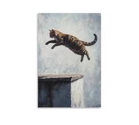 LXPPLSYY Dipinto ad olio con animali: un gatto che scherma a mezz'aria sopra un bordo del tetto, dramma cinematografico a olio, ombra piatta, sfondo grigio, decorazione artistica da parete