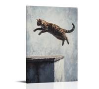 LXPPLSYY Dipinto ad olio con animali: un gatto che scherma a mezz'aria sopra un bordo del tetto, dramma cinematografico a olio, ombra piatta, sfondo grigio, decorazione artistica da parete