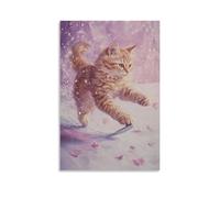 LXPPLSYY Dipinto ad olio con animali - Un gatto pattinaggio sul ghiaccio con petali di fiori che scorre, realismo magico a olio, sfondo lavanda morbida, decorazione artistica da parete, decorazione