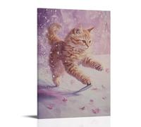 LXPPLSYY Dipinto ad olio con animali - Un gatto pattinaggio sul ghiaccio con petali di fiori che scorre, realismo magico a olio, morbido sfondo di lavanda, decorazione artistica da parete moderna da