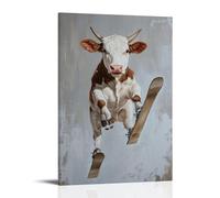 LXPPLSYY Dipinto ad olio con animali - Una mucca che fa trucchi sugli sci a metà rotazione, divertente composizione a olio, sfondo grigio tenue, decorazione artistica da parete, decorazione moderna da