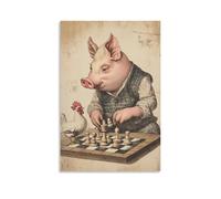 LXPPLSYY Poster artistico da appendere alla parete con un maiale in gilet che gioca a scacchi con un pollo, illustrato in stile antico libro da disegno, decorazione moderna da appendere, 50 x 75 cm