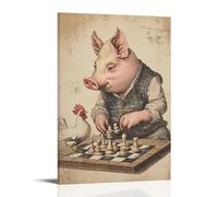 LXPPLSYY Poster artistico da appendere alla parete con un maiale in gilet che gioca a scacchi con un pollo, illustrato in stile antico libro da disegno, decorazione moderna da appendere, 30 x 45 cm