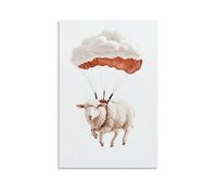 LXPPLSYY Poster artistico da appendere alla parete con una pecora che paracadutismo con paracadute a forma di nuvola, sfondo bianco minimalista, decorazione moderna da appendere (40 x 60 cm)
