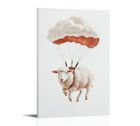 LXPPLSYY Poster artistico da appendere alla parete con una pecora che paracadutismo con paracadute a forma di nuvola, sfondo bianco minimalista, decorazione moderna da appendere (40 x 60 cm)