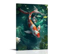 LXPPLSYY Poster artistico da appendere alla parete, decorazione moderna da appendere con un pesce koi colorato che nuota in acque invisibili sotto uno sfondo verde smeraldo profondo, semplicità