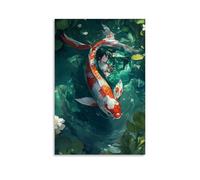 LXPPLSYY Poster artistico da appendere alla parete, decorazione moderna da appendere con un pesce koi colorato che nuota in acque invisibili sotto uno sfondo verde smeraldo profondo, semplicità