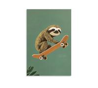 LXPPLSYY Poster artistico da appendere alla parete, motivo: bradipo che guida lentamente uno skateboard, sfondo verde piatto, decorazione moderna da appendere, 60 x 90 cm