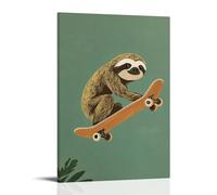 LXPPLSYY Poster artistico da appendere alla parete, motivo: bradipo che guida lentamente uno skateboard, sfondo verde piatto, decorazione moderna da appendere, 60 x 90 cm