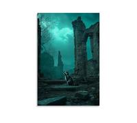 LXPPLSYY Poster artistico da appendere alla parete, motivo: procione silenzioso che esplora le rovine dimenticate sotto un cielo spettrale color foglia di tè, pesante con ricordi invisibili