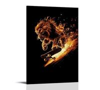 LXPPLSYY Poster artistico da appendere alla parete, motivo: un leone che pattina su sentieri di fuoco, sfondo nero tinta unita, decorazione moderna, 50 x 75 cm