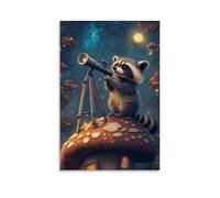 LXPPLSYY Poster artistico da appendere con astronomo procione che regola un telescopio sul tetto di un fungo a mezzanotte, decorazione moderna da appendere, 50 x 75 cm