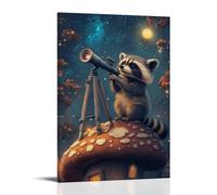 LXPPLSYY Poster artistico da appendere con astronomo procione che regola un telescopio sul tetto di un fungo a mezzanotte, decorazione moderna da appendere, 50 x 75 cm