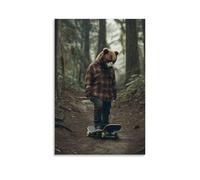 LXPPLSYY Poster artistico da appendere con orso in camicia di flanella che fa skateboard attraverso un sentiero nella foresta. Decorazione artistica da parete moderna da appendere, 20 x 30 cm