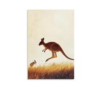 LXPPLSYY Poster artistico da appendere con un canguro con Joey in un sacchetto che salta in avanti, coda che attraversa un cielo minimalista color grano. Decorazione artistica da parete moderna da