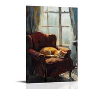 LXPPLSYY Poster artistico da appendere con un gatto addormentato su una sedia di velluto accanto alla finestra alla francese, soffocemente sfocato nell'olio, decorazione moderna da appendere, 30 x 45