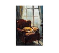 LXPPLSYY Poster artistico da appendere con un gatto addormentato su una sedia di velluto accanto alla finestra alla francese, soffocemente sfocato nell'olio, decorazione moderna da appendere, 30 x 45
