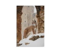 LXPPLSYY Poster artistico da appendere con una lince sotto la neve che cade vicino al muro del monastero, raffigurante una luce a olio sottomessa (20 x 30 cm)