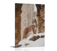 LXPPLSYY Poster artistico da appendere con una lince sotto la neve che cade vicino al muro del monastero, raffigurante una luce a olio sottomessa (20 x 30 cm)