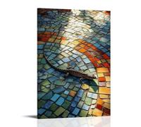LXPPLSYY Poster artistico da appendere con una lucertola che striscia attraverso un patio a mosaico, piastrelle che riflettono delicati toni del mattino con toni dell'olio, decorazione moderna da