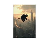 LXPPLSYY Poster artistico da appendere con una scimmia con un jetpack che vola attraverso lo skyline della città, coda che finisce scintillanti. Decorazione artistica da parete moderna da appendere