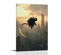 LXPPLSYY Poster artistico da appendere con una scimmia con un jetpack che vola attraverso lo skyline della città, coda che finisce scintillanti. Decorazione artistica da parete moderna da appendere