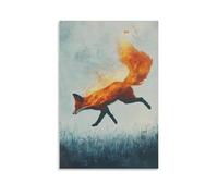 LXPPLSYY Poster artistico da appendere con una volpe rossa infuocata che sfreccia attraverso campi invisibili, la sua silhouette che brilla su una tela blu nebbioso pallido. Decorazione artistica da