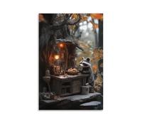 LXPPLSYY Poster artistico da parete con immagine di un procione che cuoce biscotti in una piccola cucina nella foresta con lanterna calda, decorazione moderna da appendere, 20 x 30 cm