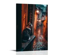 LXPPLSYY Poster da parete con gatto su un davanzale rustico affacciato su un vicolo di ciottoli al crepuscolo, decorazione moderna da appendere, 30 x 45 cm